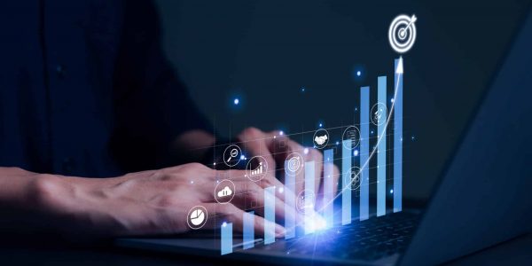 Business target concept. Businessman analyzing company's financial balance sheet working with digital augmented reality graphics. calculates financial data for long-term investment. business analysis,